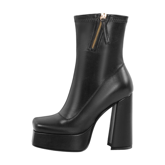 Square Toe Chunky Platform Zipper Ankle Boots - Onlymaker
