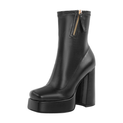 Square Toe Chunky Platform Zipper Ankle Boots - Onlymaker