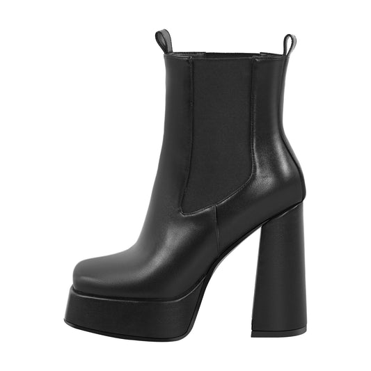 Black Square Toe Platform Chunky Heel Ankle Boots - Onlymaker