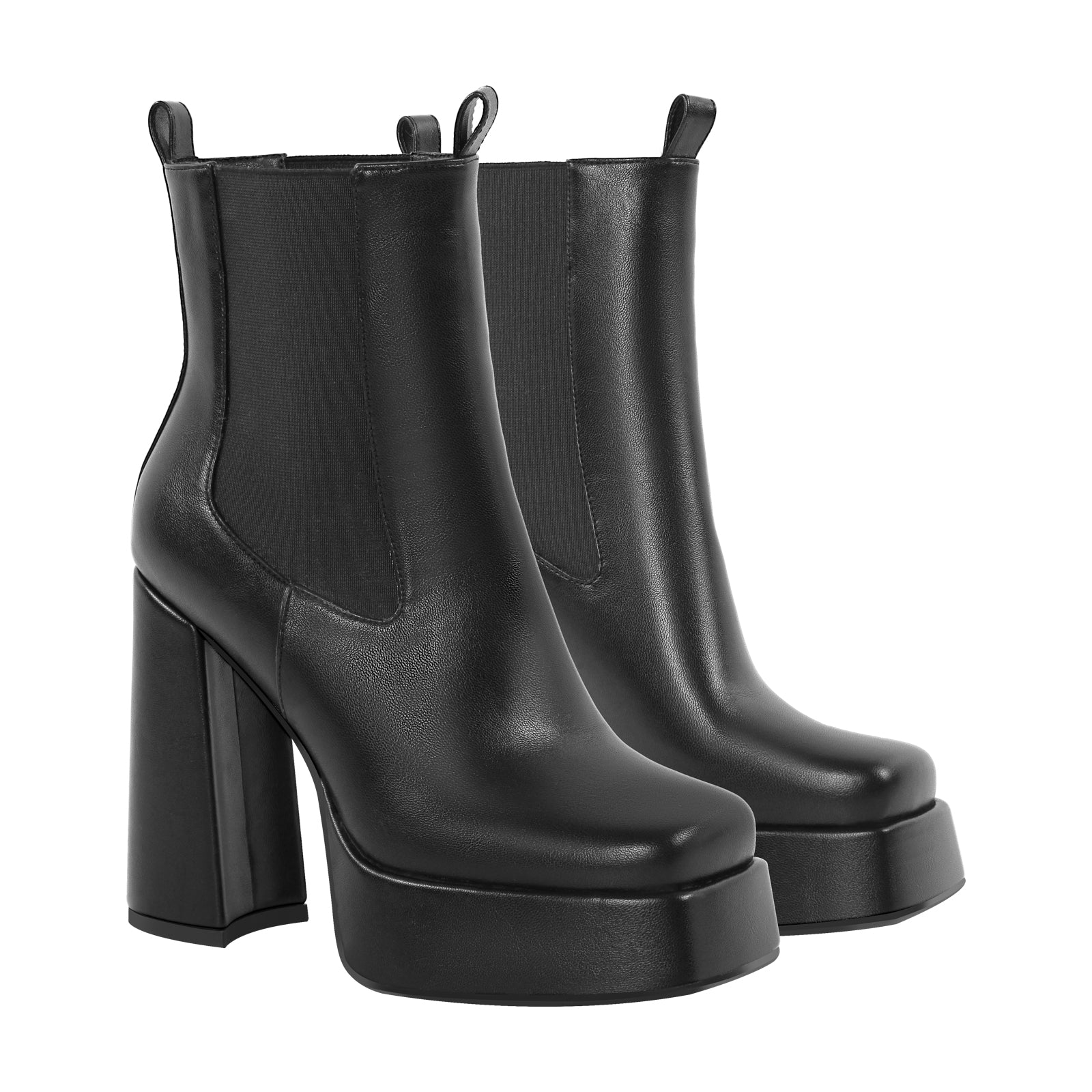 Black Square Toe Platform Chunky Heel Ankle Boots - Onlymaker