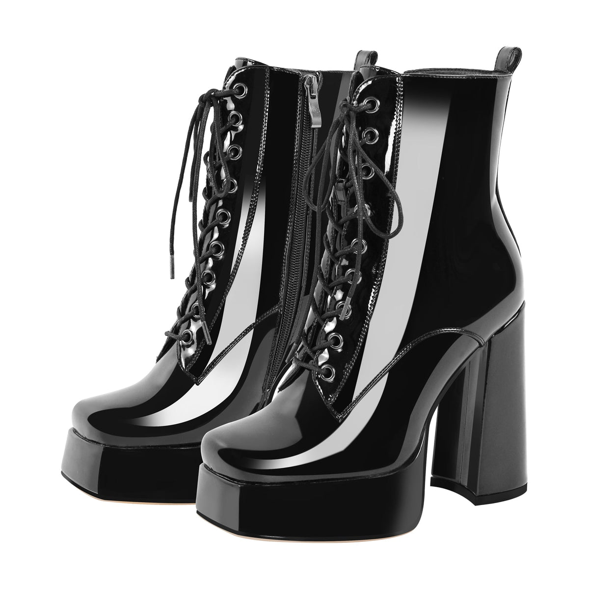 Chunky Heels Platform Lace up Metallic Ankle Boots - Onlymaker