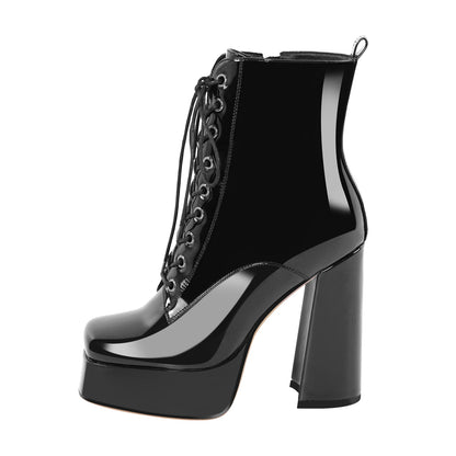 Chunky Heels Platform Lace up Metallic Ankle Boots - Onlymaker