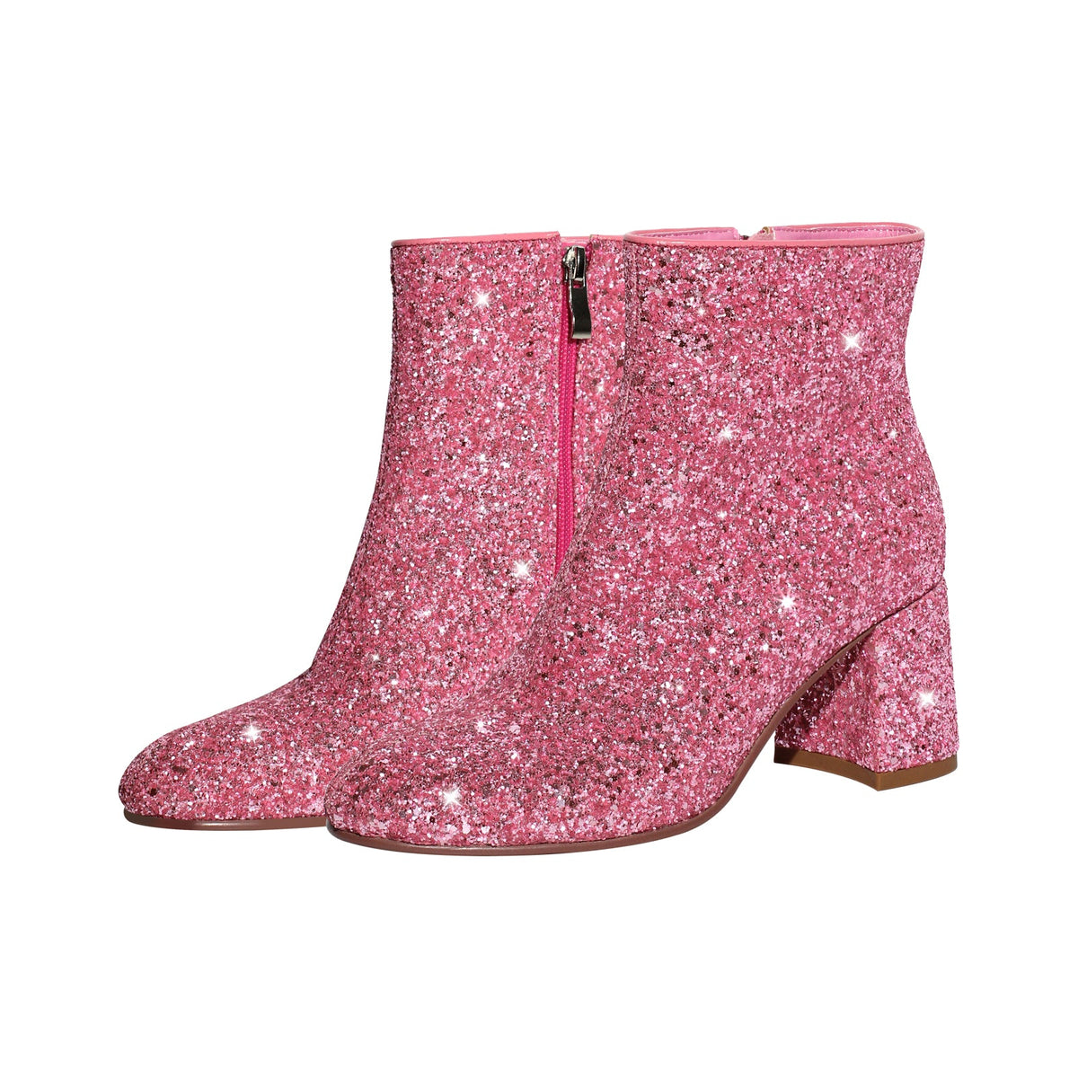 Round Toe Glitter Chunky Heel Ankle Boots - Onlymaker