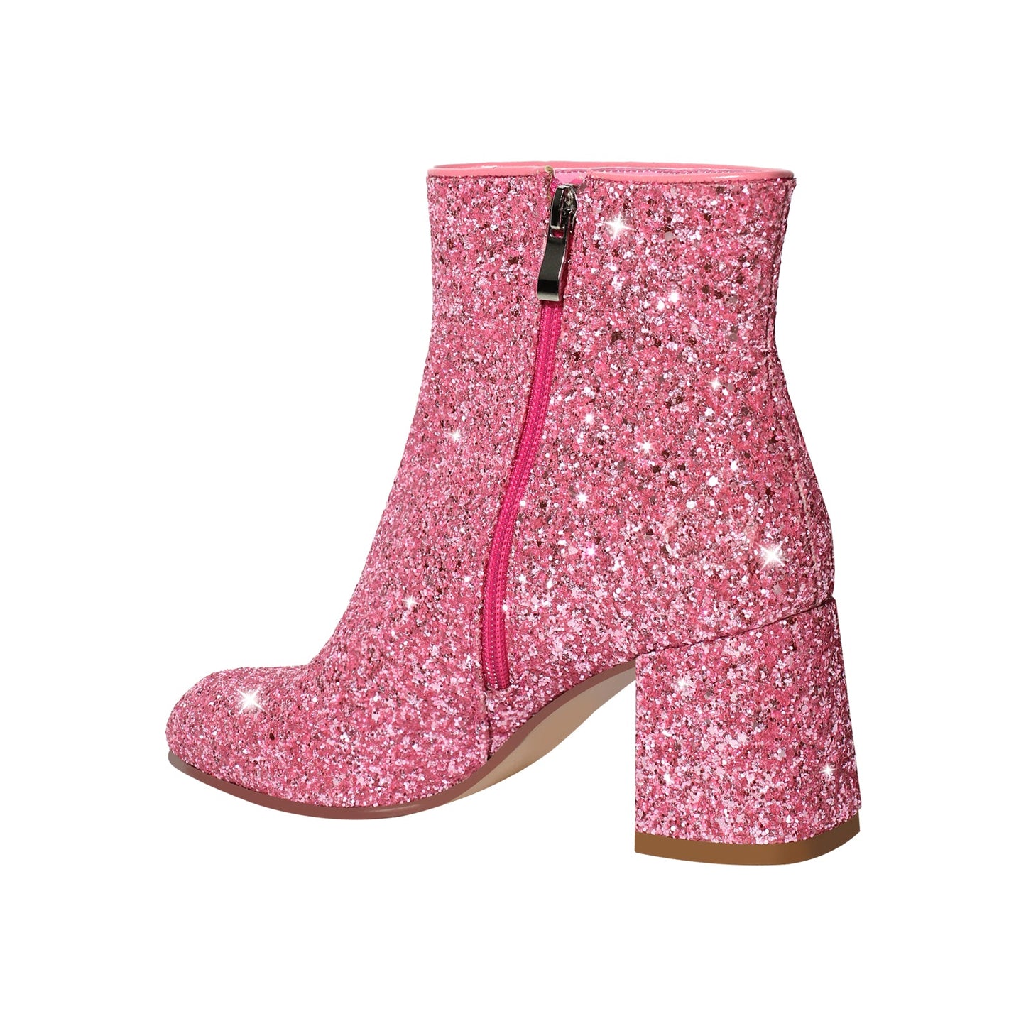 Round Toe Glitter Chunky Heel Ankle Boots - Onlymaker