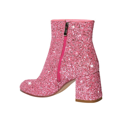 Round Toe Glitter Chunky Heel Ankle Boots - Onlymaker