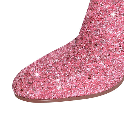 Round Toe Glitter Chunky Heel Ankle Boots - Onlymaker