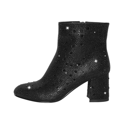 Round Toe Rhinestone Chunky Ankle Boots - Onlymaker
