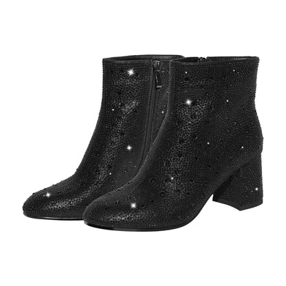 Round Toe Rhinestone Chunky Ankle Boots - Onlymaker