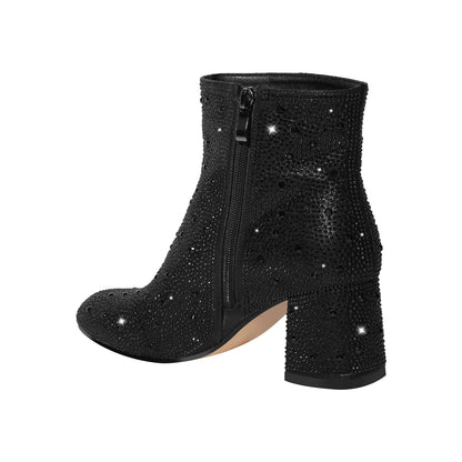 Round Toe Rhinestone Chunky Ankle Boots - Onlymaker