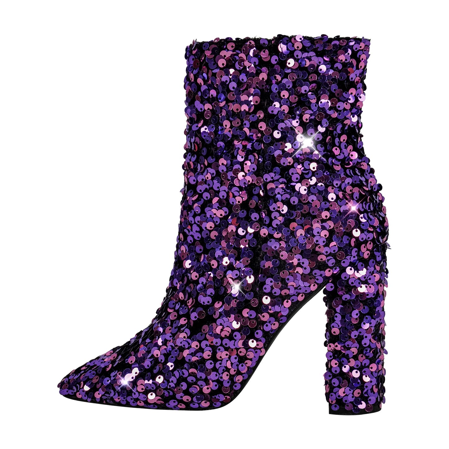 Sequin Pointed Toe Chunky Heel Ankle Boots - Onlymaker