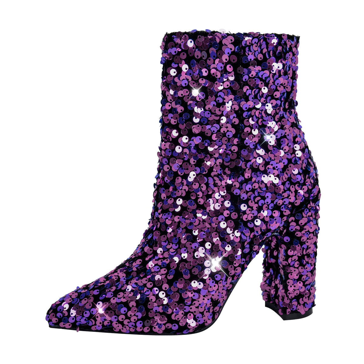 Sequin Pointed Toe Chunky Heel Ankle Boots - Onlymaker