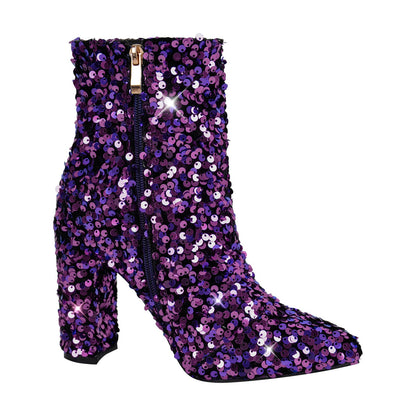 Sequin Pointed Toe Chunky Heel Ankle Boots - Onlymaker
