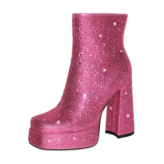 Rhinestone Platform Square Toe Chunky High Heels Ankle Boots - Onlymaker