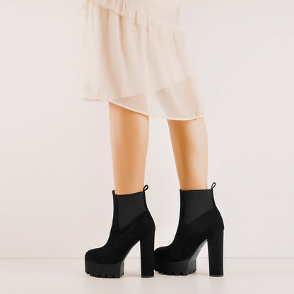 Black Suede Chunky High Heel Ankle Boots - Onlymaker