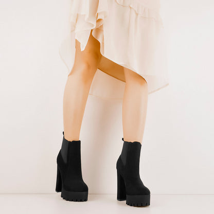 Black Suede Chunky High Heel Ankle Boots - Onlymaker