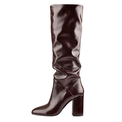 Round Toe Crinkle Knee High Chunky Heels Boots - Onlymaker