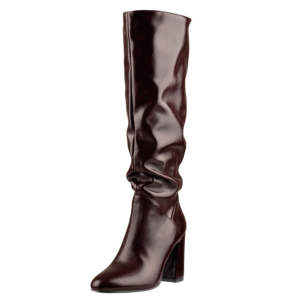 Round Toe Crinkle Knee High Chunky Heels Boots - Onlymaker