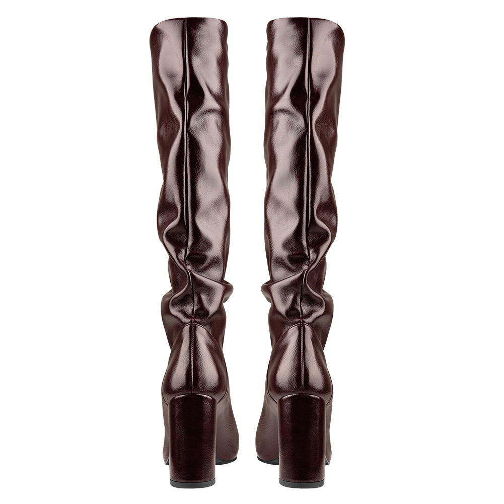 Round Toe Crinkle Knee High Chunky Heels Boots - Onlymaker