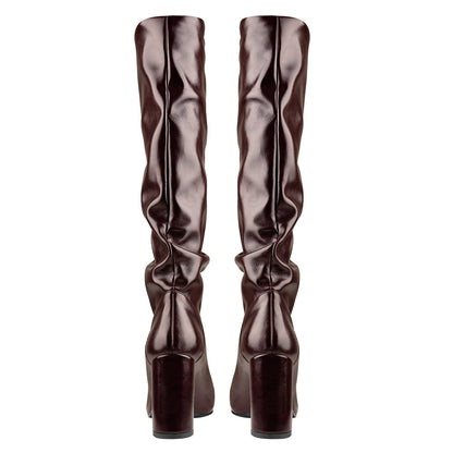 Round Toe Crinkle Knee High Chunky Heels Boots - Onlymaker