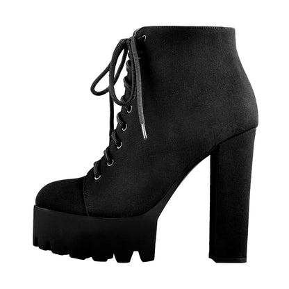 Platform Round Toe Lace Up Chunky High Heels Suede Ankle Boots - Onlymaker