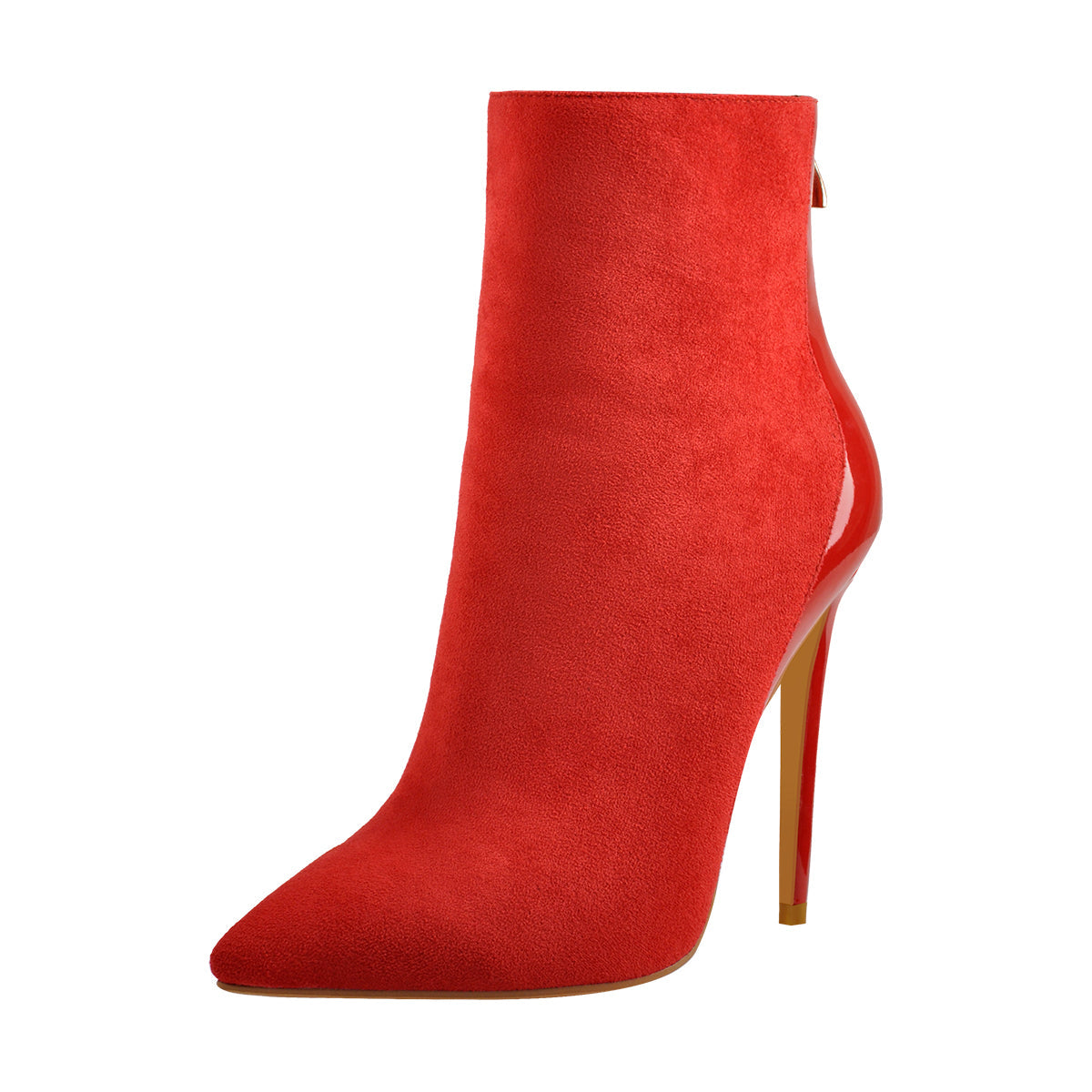 Red Suede Patent Leather Stitching Pointed Toe Ankle boots - Onlymaker
