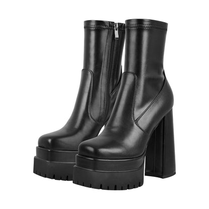 Double Platform Zipper Chunky Heel Ankle Boots - Onlymaker
