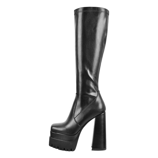 Double Platform Chunky Heel Knee High Boots - Onlymaker