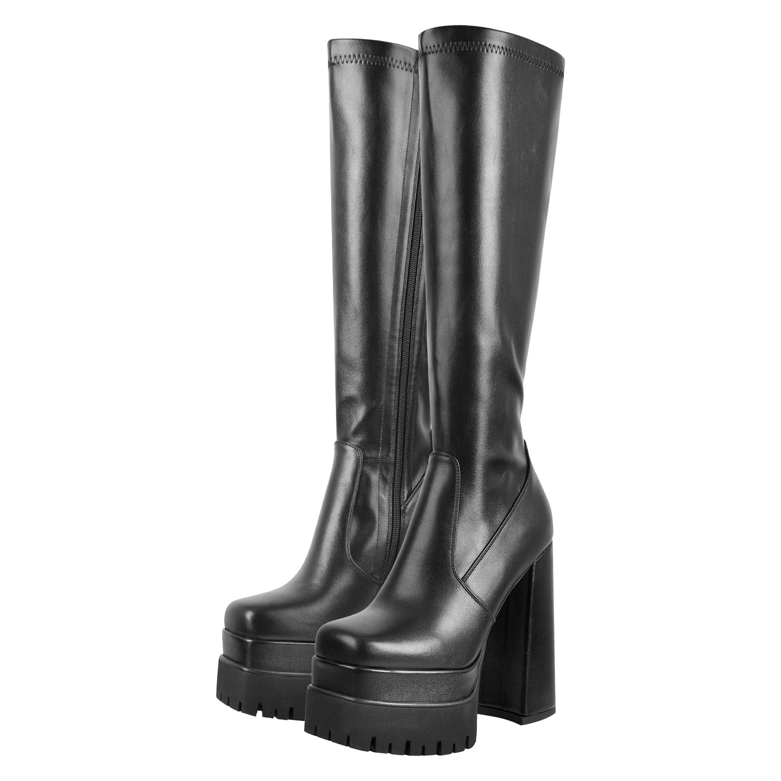 Double Platform Chunky Heel Knee High Boots - Onlymaker