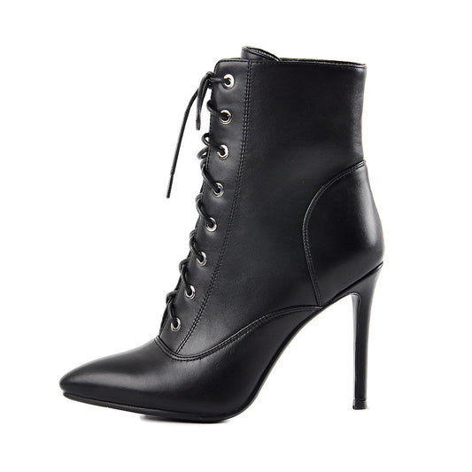 Pointy Toe Lace up Stiletto High Heel Ankle Boots - Onlymaker