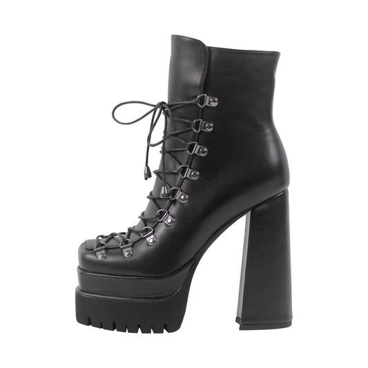 Double Platform Side Zipper Lace-up Ankle Boots - Onlymaker