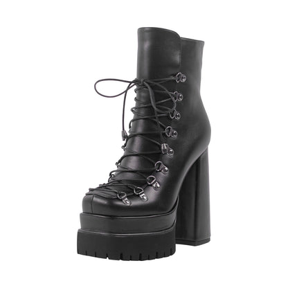 Double Platform Side Zipper Lace-up Ankle Boots - Onlymaker