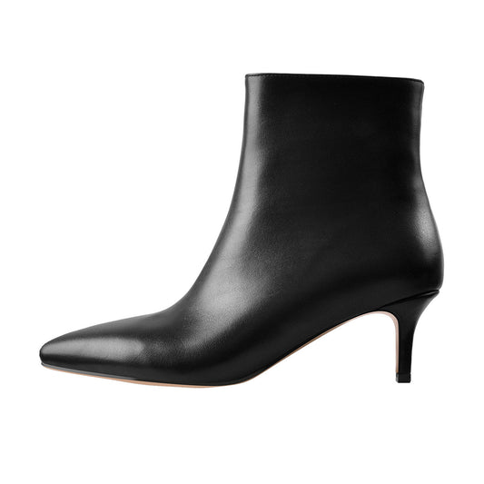 Black Pointed Toe Zipper Kitten Heel Boots - Onlymaker