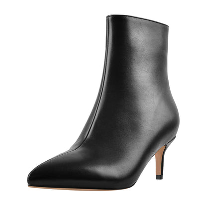 Black Pointed Toe Zipper Kitten Heel Boots - Onlymaker
