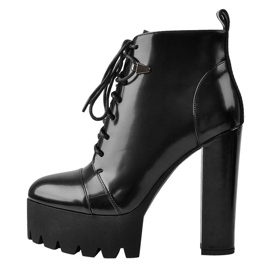 Black Platform Chunky Heels Ankle Boots - Onlymaker