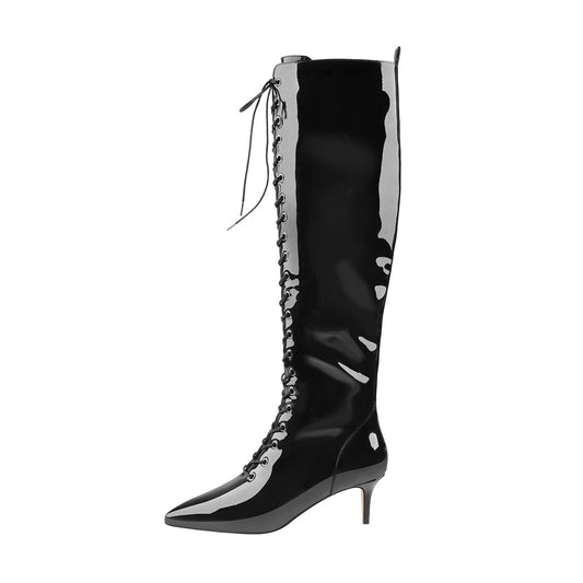 Patent Leather Pointed Toe Knee High Mid Heel Boots - Onlymaker