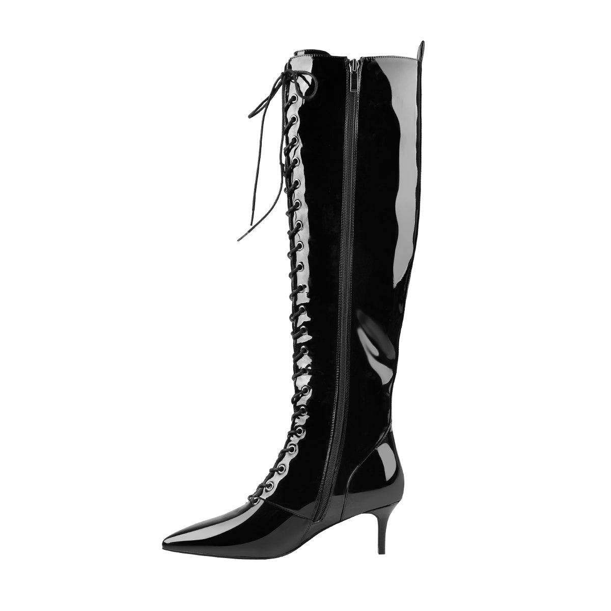 Patent Leather Pointed Toe Knee High Mid Heel Boots - Onlymaker