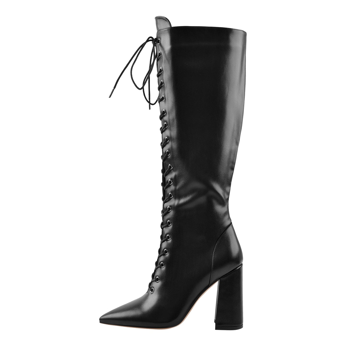 Pointed Toe Black Lace Up Zipper Knee High Chunky Heel Boots - Onlymaker