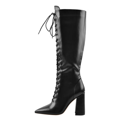 Pointed Toe Black Lace Up Zipper Knee High Chunky Heel Boots - Onlymaker