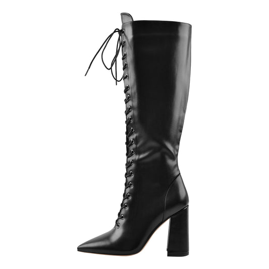 Pointed Toe Black Lace Up Zipper Knee High Chunky Heel Boots - Onlymaker