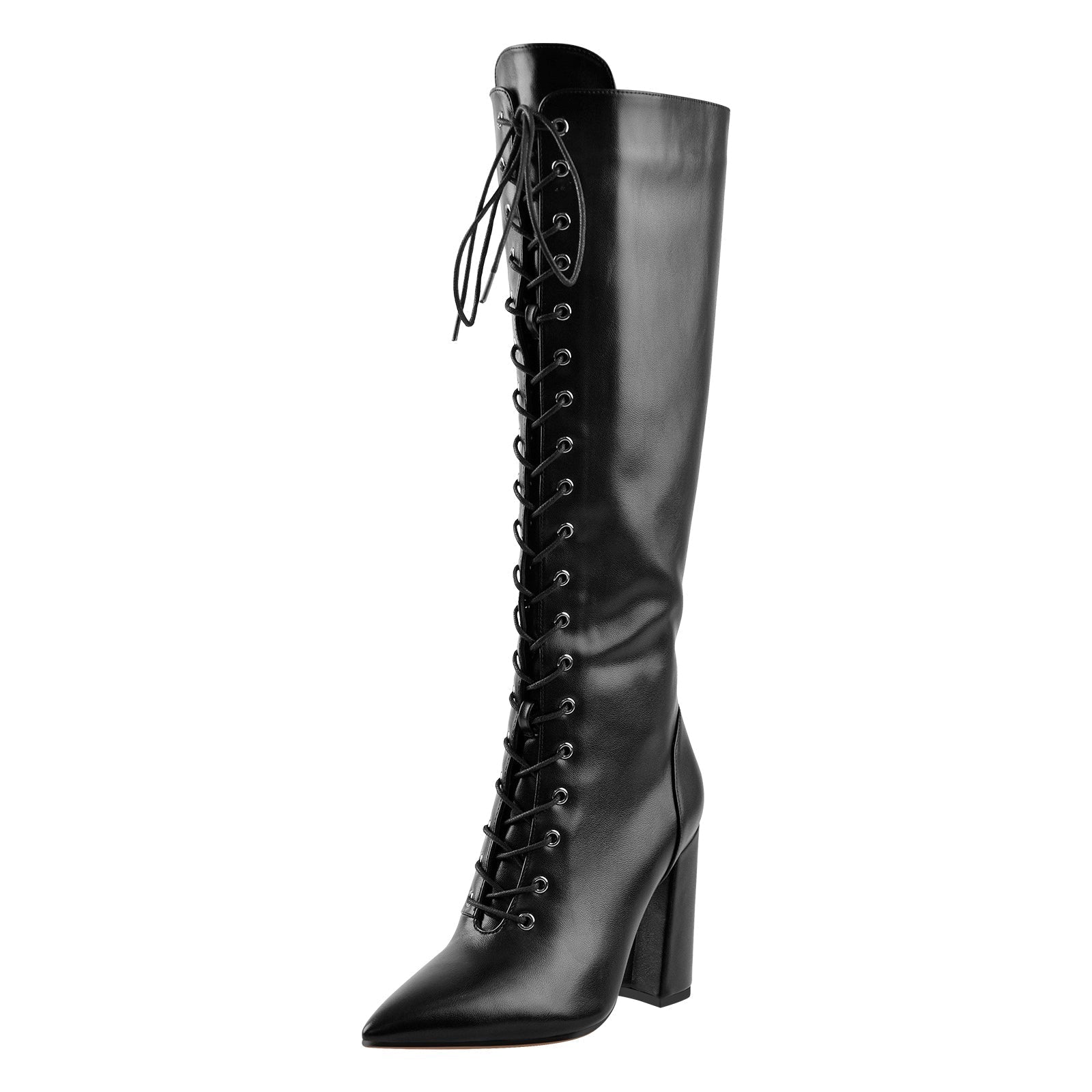 Pointed Toe Black Lace Up Zipper Knee High Chunky Heel Boots - Onlymaker