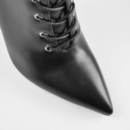 Pointed Toe Black Lace Up Zipper Knee High Chunky Heel Boots - Onlymaker