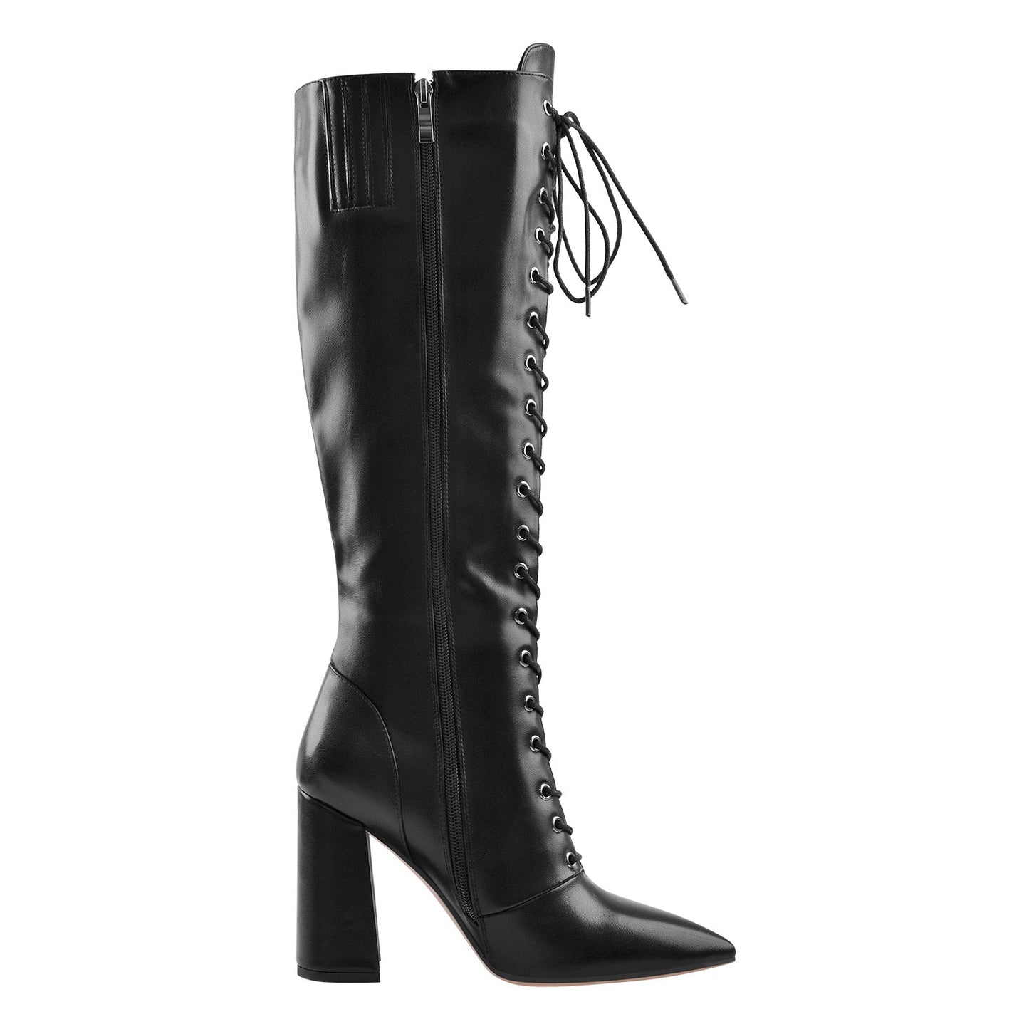 Pointed Toe Black Lace Up Zipper Knee High Chunky Heel Boots - Onlymaker
