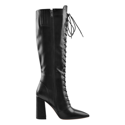 Pointed Toe Black Lace Up Zipper Knee High Chunky Heel Boots - Onlymaker