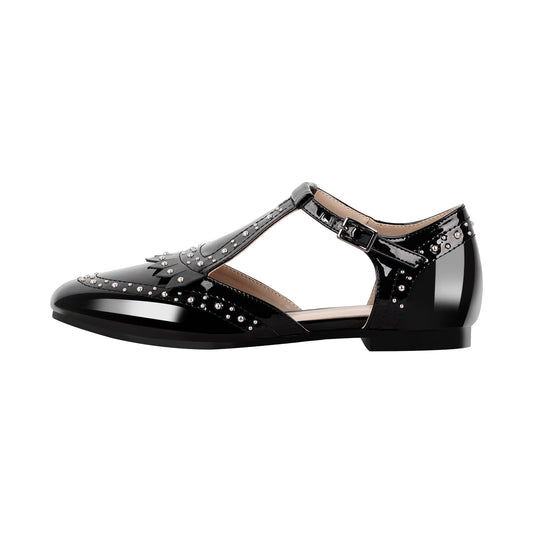 Hollow Black Round Toe Strap Rivet Flats - Onlymaker