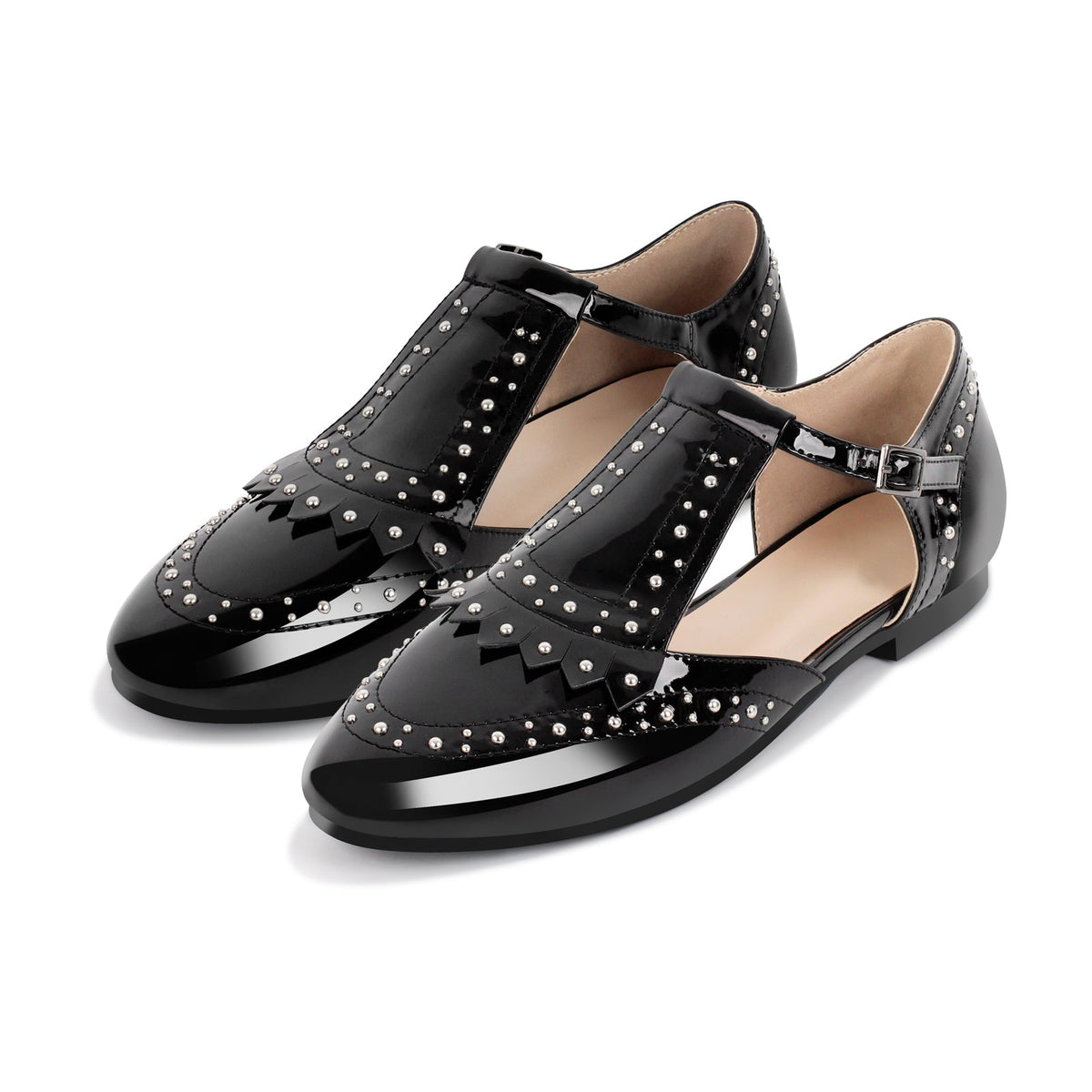Hollow Black Round Toe Strap Rivet Flats - Onlymaker