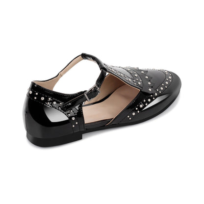 Hollow Black Round Toe Strap Rivet Flats - Onlymaker