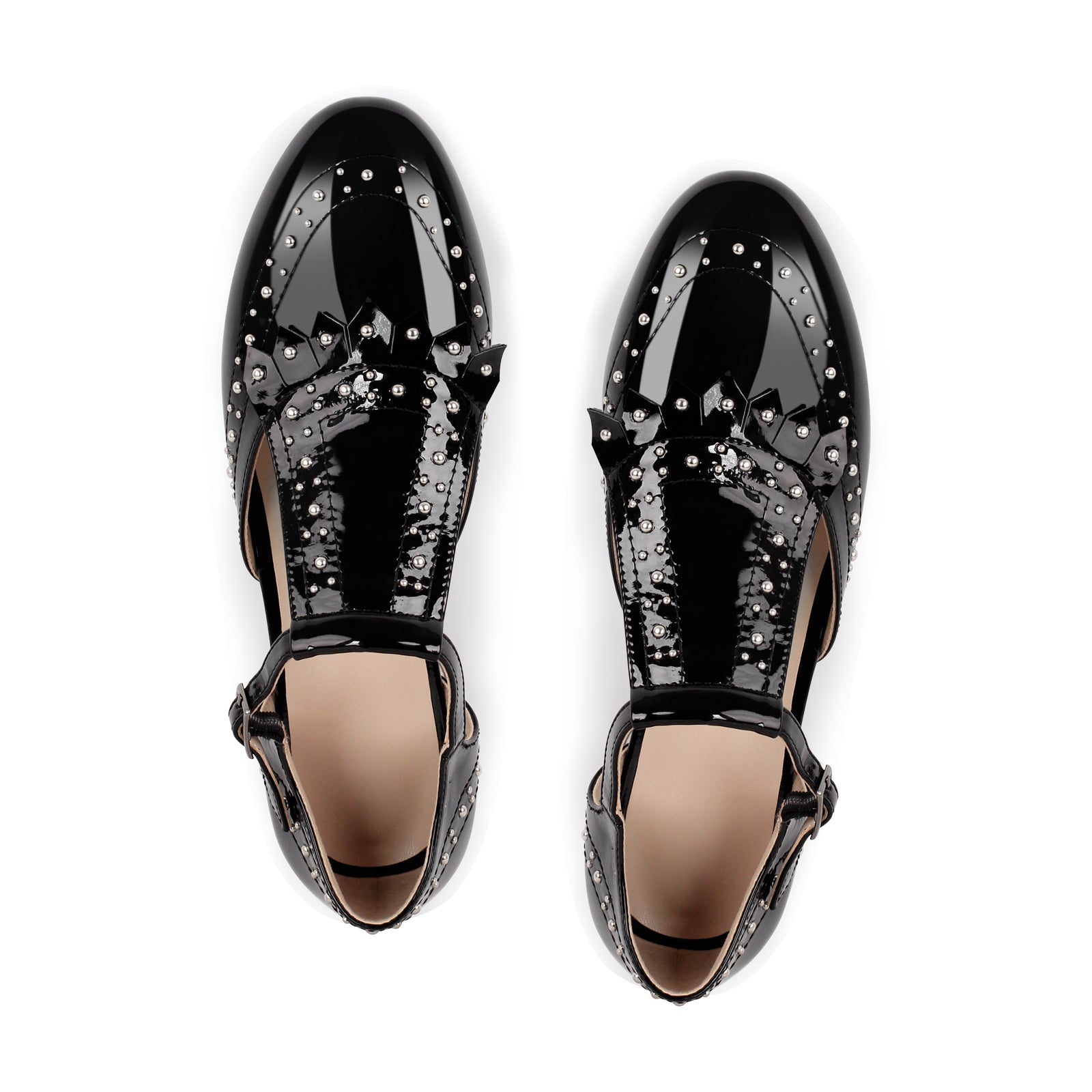 Hollow Black Round Toe Strap Rivet Flats - Onlymaker