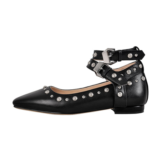 Rivet Square Toe Buckle Ankle Strap Flats - Onlymaker