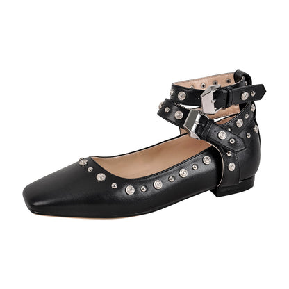 Rivet Square Toe Buckle Ankle Strap Flats - Onlymaker