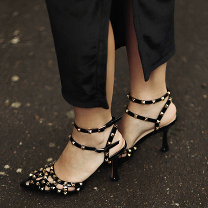 Pointed Toe Ankle Strap Rivet Pumps - Onlymaker